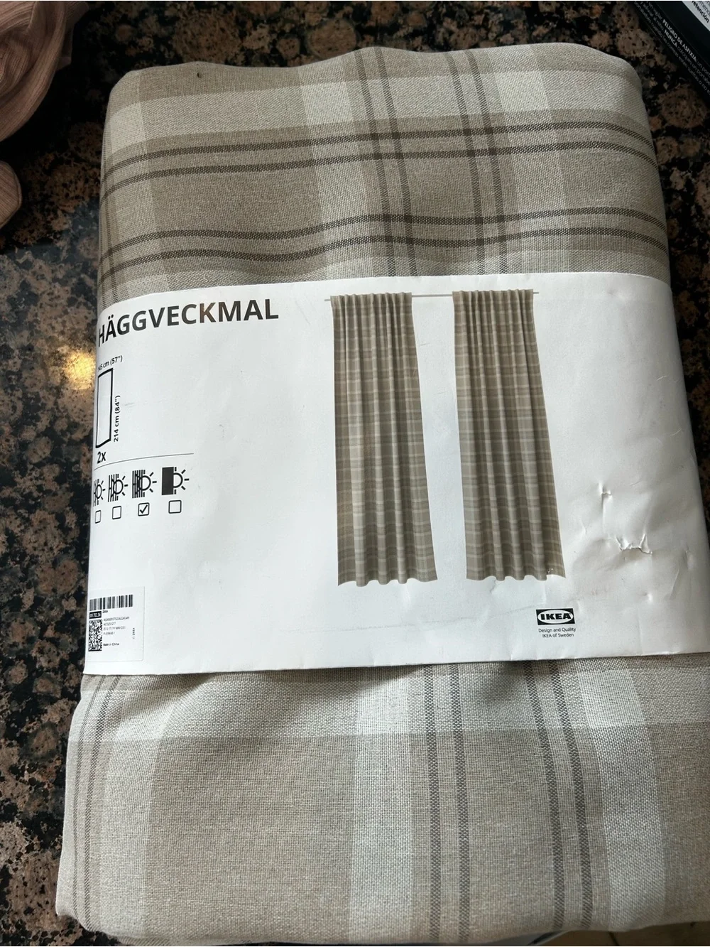 IKEA Beige and Light Brown Plaid Curtain Panels